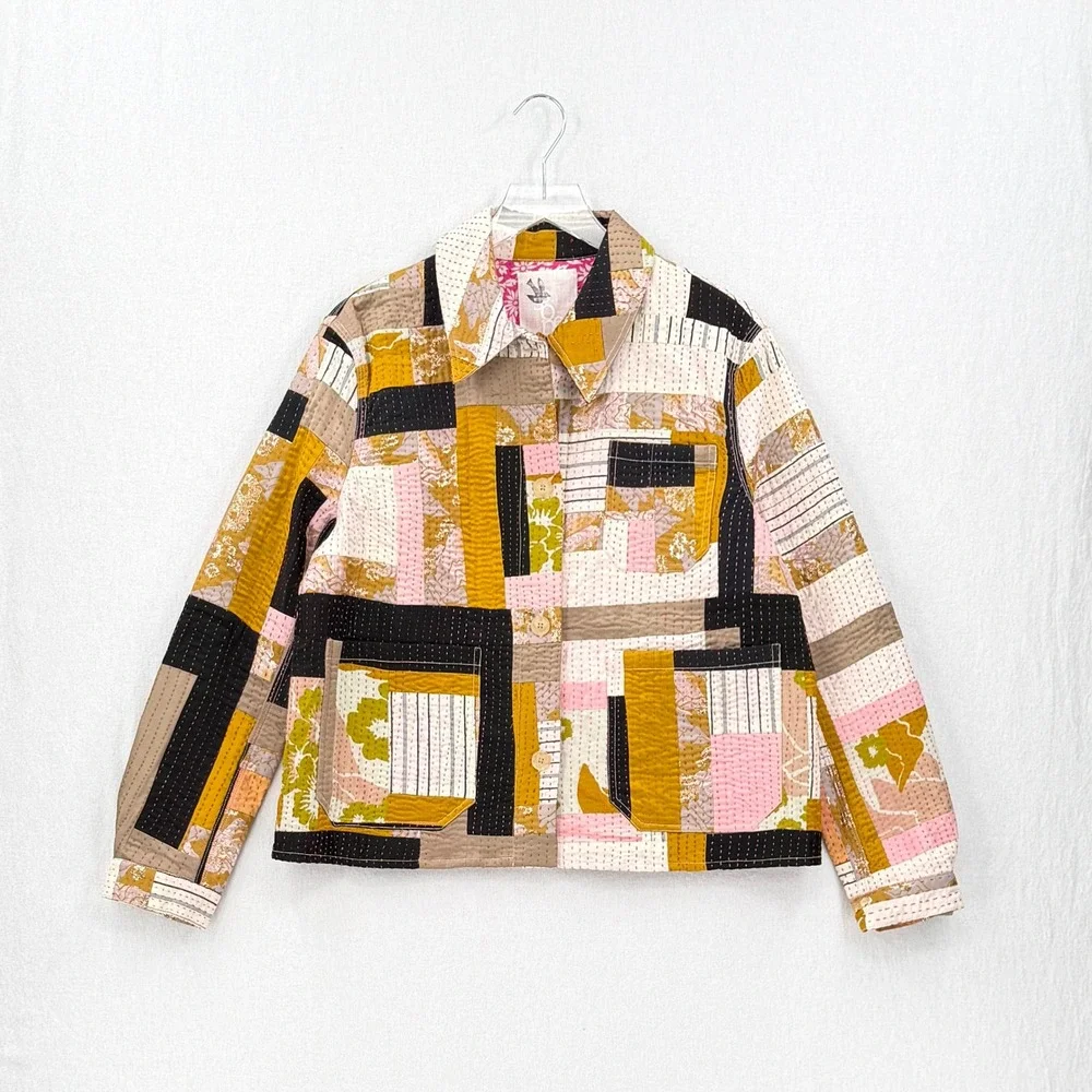 SSONE Kantha Jacket Women 14 Yellow Cream Boho Quilted Patchwork Chore Button Up - Picture 3 of 13